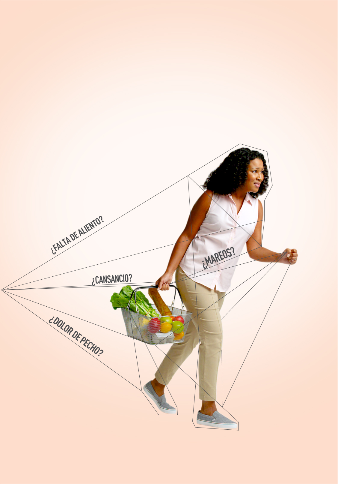 Woman holding a grocery basket struggling to walk while being held back by a list of hypertrophic cardiomyopathy (HCM) symptoms